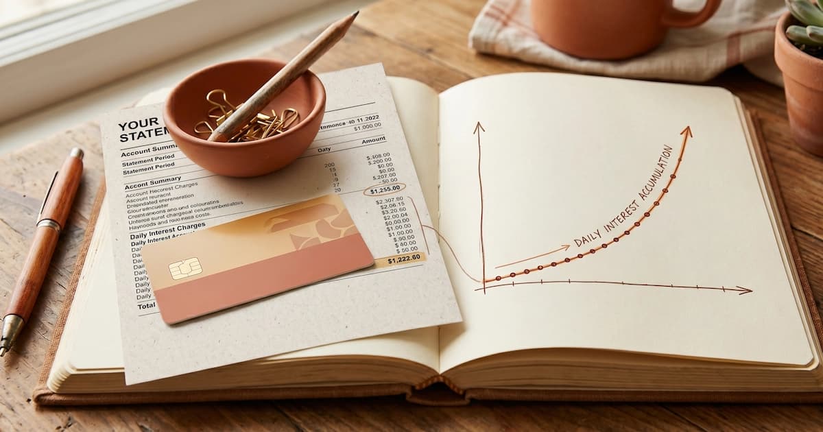 Credit card statement with daily interest accumulation chart, illustrating how credit card interest works in India and the US