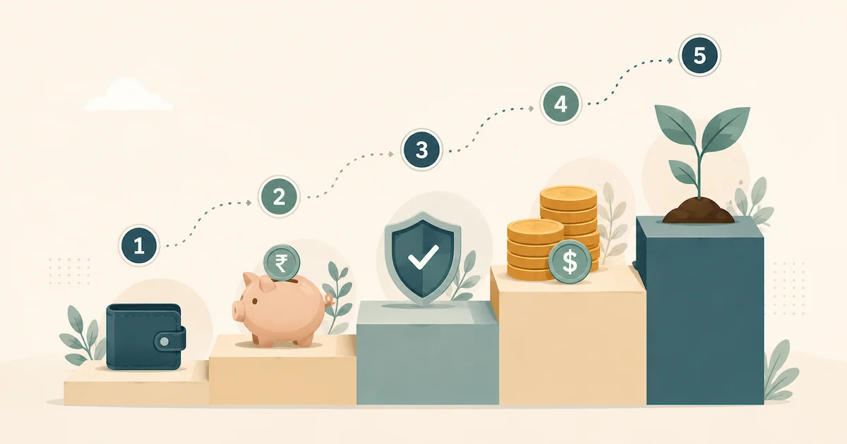 An ordered personal finance roadmap for beginners in India and the US: track, budget, emergency fund, debt, taxes, and investing steps in sequence