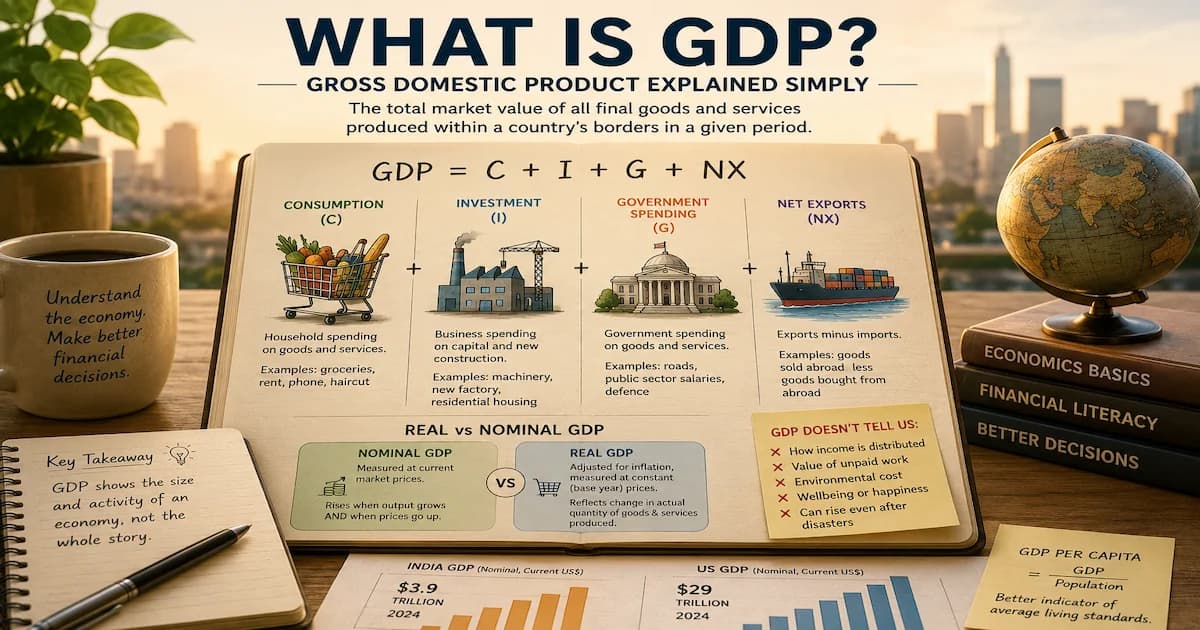 Gross Domestic Product broken into its four components — consumption, investment, government spending, and net exports — that together measure the size of an economy