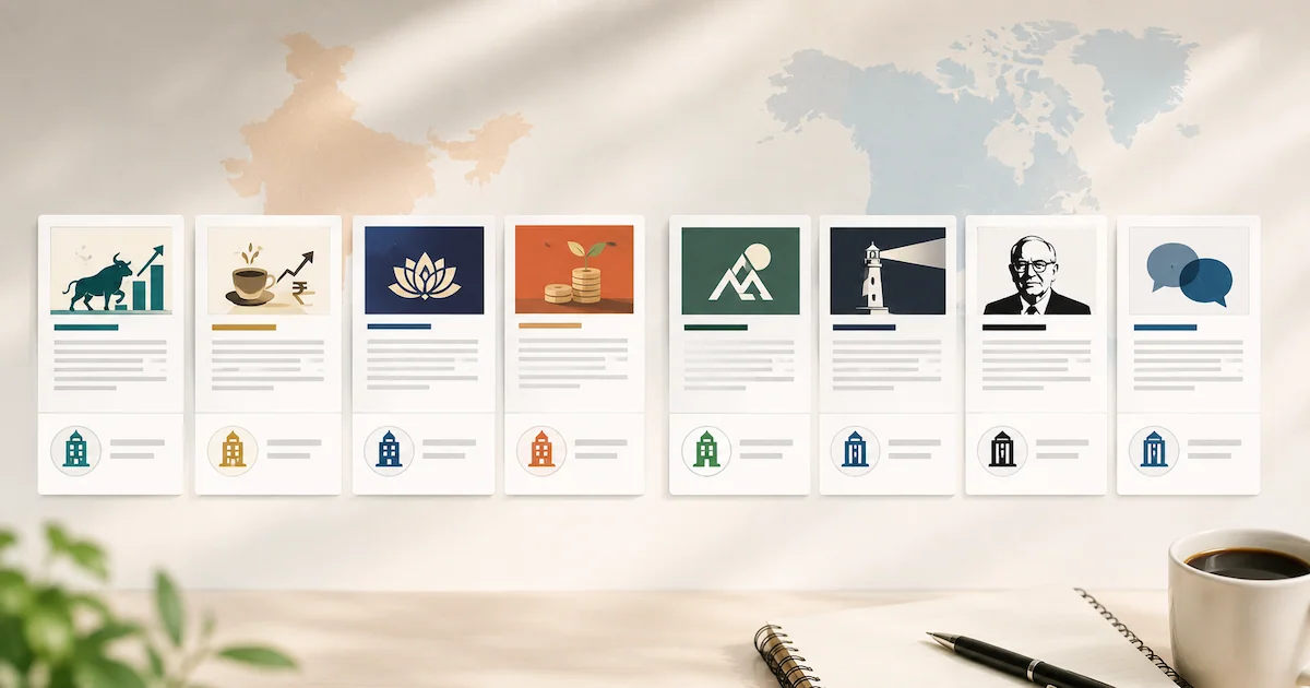 A row of finance newsletter mastheads from India and the US, each labelled with the company that publishes or funds it