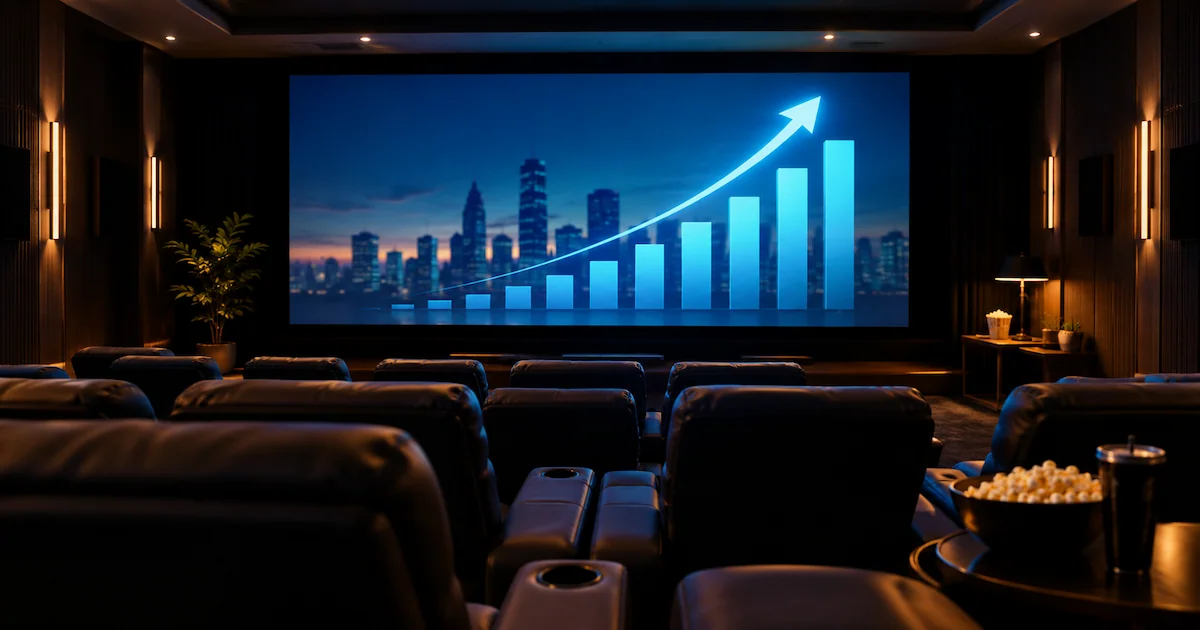 A cinema screen in a dark room showing a rising business chart, set up for watching business movies