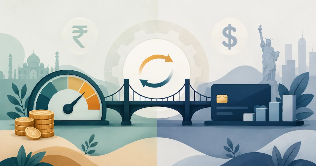A split illustration bridging the Indian and US debt-and-credit systems, with a credit-score gauge, currency motifs, and card and loan icons, showing how the two markets run the same machinery under different names