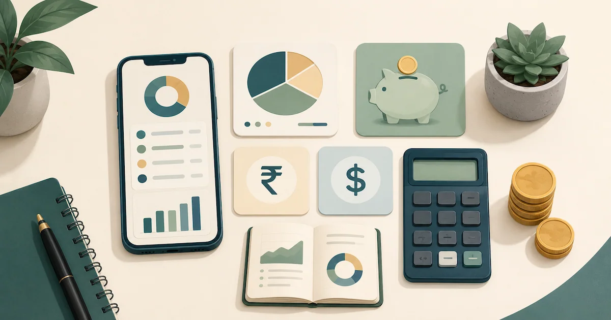 A map of personal finance tool categories for India and the US: budgeting apps, expense trackers, net worth and investment trackers, and learning resources