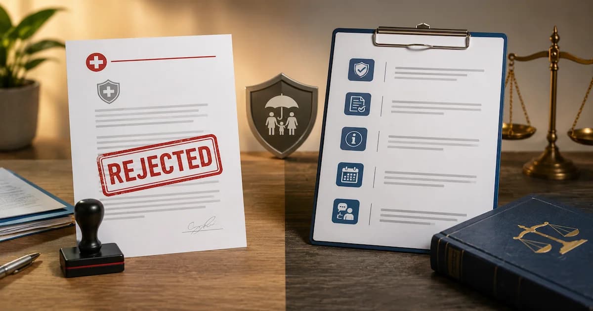 A rejected health insurance claim letter beside the regulatory clauses that limit when an insurer may refuse to pay and what it must tell the policyholder