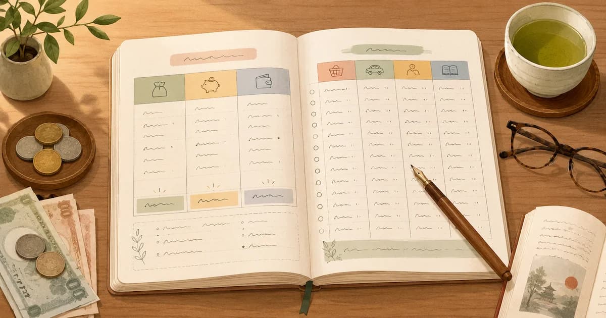 A handwritten kakeibo ledger with income, savings goal, and daily expenses logged by category, illustrating the Japanese pen-and-paper budgeting method