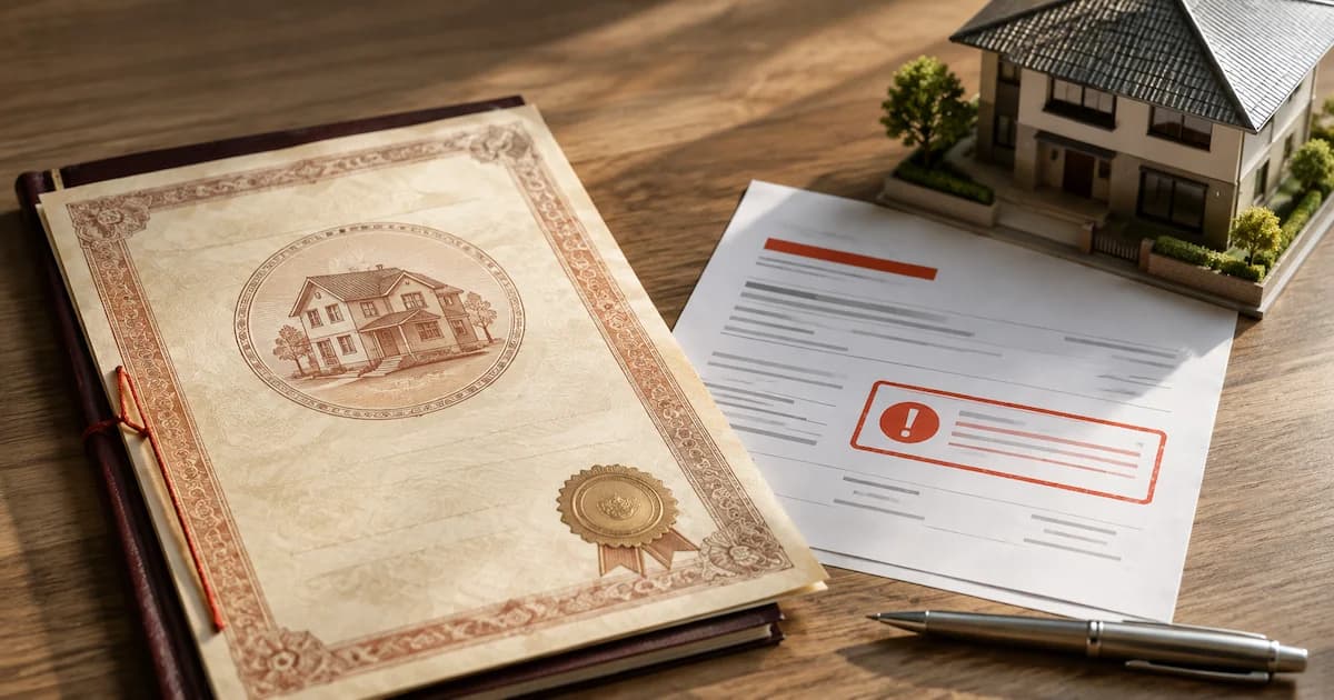 A house title deed lying beside a bank demand notice, representing the security a loan against property is taken on