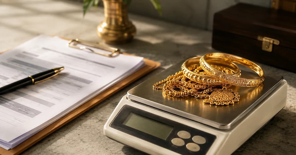 Gold ornaments on a jeweller's scale beside a loan document, illustrating the loan-to-value tiers that decide how much a lender can advance against pledged gold