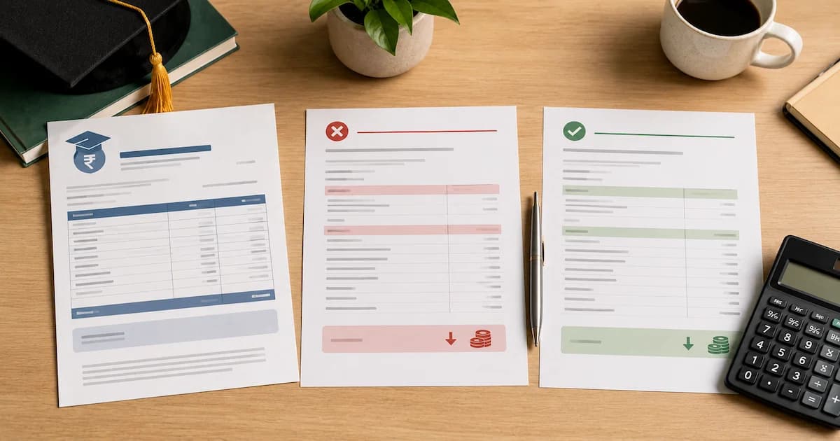 An education loan statement beside two tax computations, one under the default regime without the Section 80E deduction and one under the old regime with it