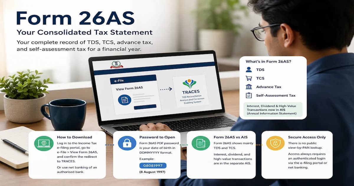 A Form 26AS tax-credit statement showing TDS, TCS, advance tax, and refund entries recorded against a PAN across a financial year