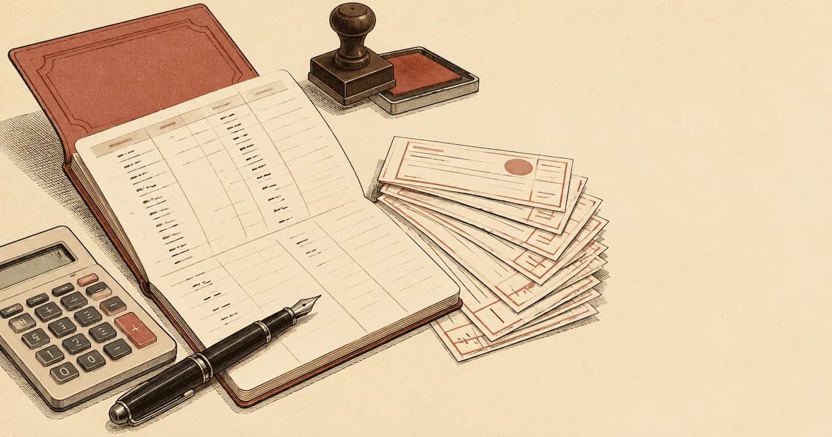 A post office passbook and a stack of monthly deposit slips beside a calculator, illustrating how a recurring deposit accumulates a fixed sum every month