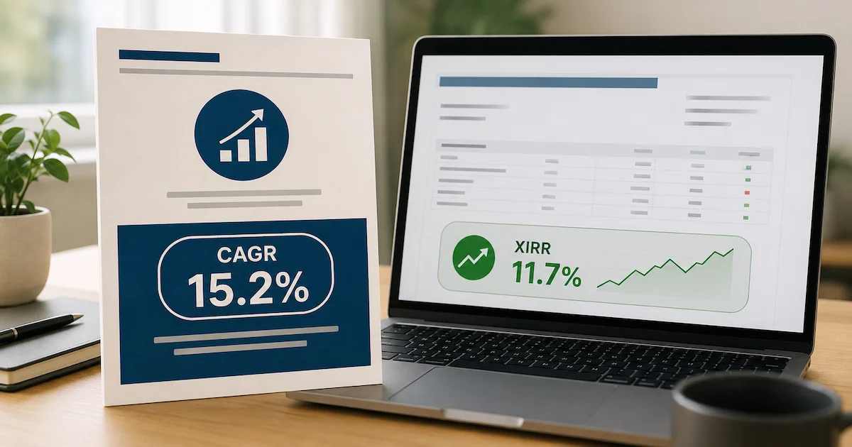 A mutual fund advertisement showing a CAGR figure beside an account statement showing a different XIRR figure for the same investment